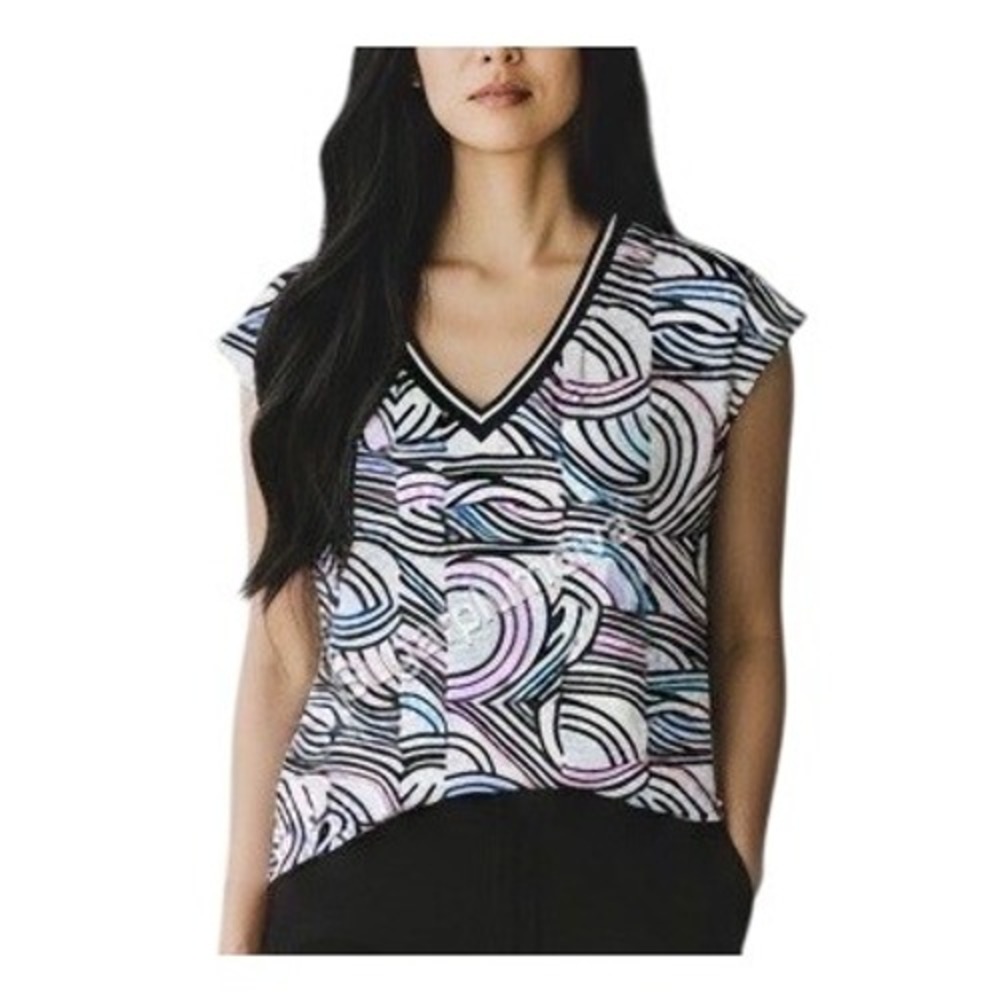 Worthington Geometric White V-neck Blouse Cap Sleeve LARGE Colorful Abstract